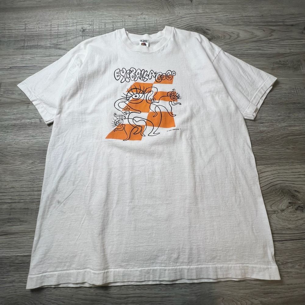 Fruit of the Loom T-Shirt Mens XL White 1991 Eyeball-A-Go-Go Vintage Graphic Tee